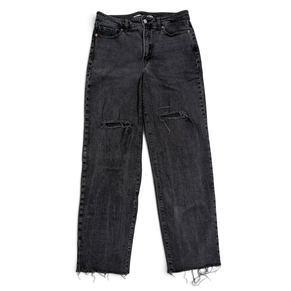 Old Navy OG Loose Jeans High Rise Distressed Straight Leg Washed Black Size 10